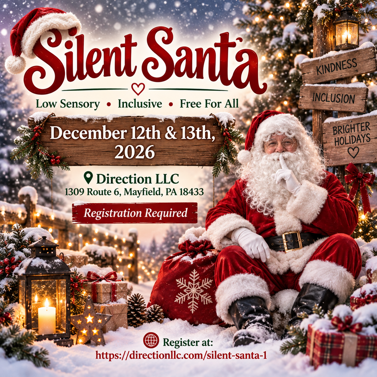 Silent Santa — Low Sensory, Inclusive, Free For All. December 12th & 13th, 2026 at Direction LLC, 1309 Route 6, Mayfield PA 18433. Registration Required.